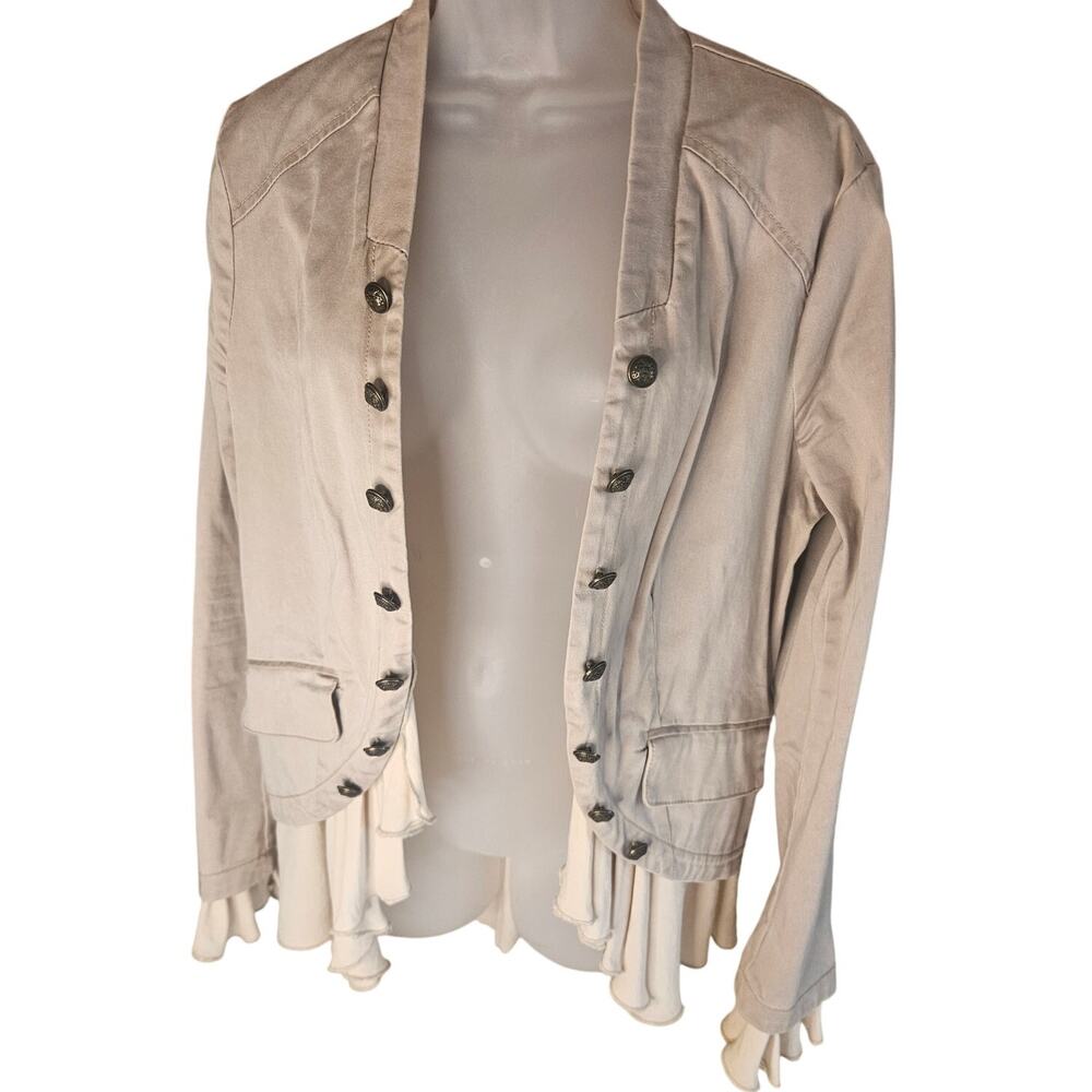 Free People Romance Military Khaki Jacket Sz L Decorative Buttons Pockets Rufled - Picture 2 of 10